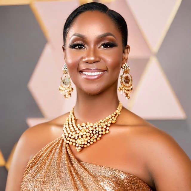 Gold drop earrings and a layered necklace against a gold one-shoulder gown.